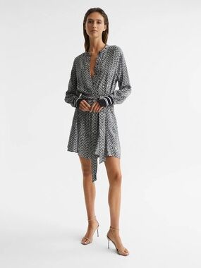 Reiss Laria Stripe Black and White Geometric Wrap Dress